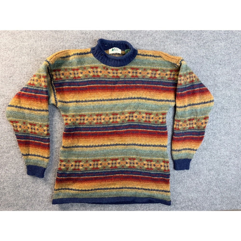 REI Vintage Wool Sweater Mens Medium Blue Fair Isle Knit Crewneck Pullover Y2K